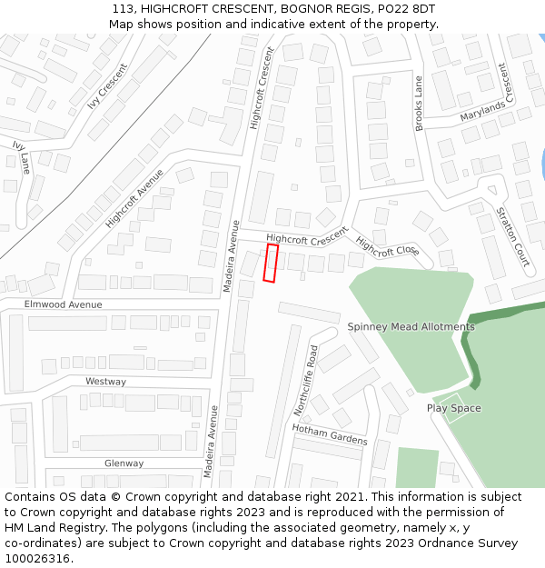 113, HIGHCROFT CRESCENT, BOGNOR REGIS, PO22 8DT: Location map and indicative extent of plot
