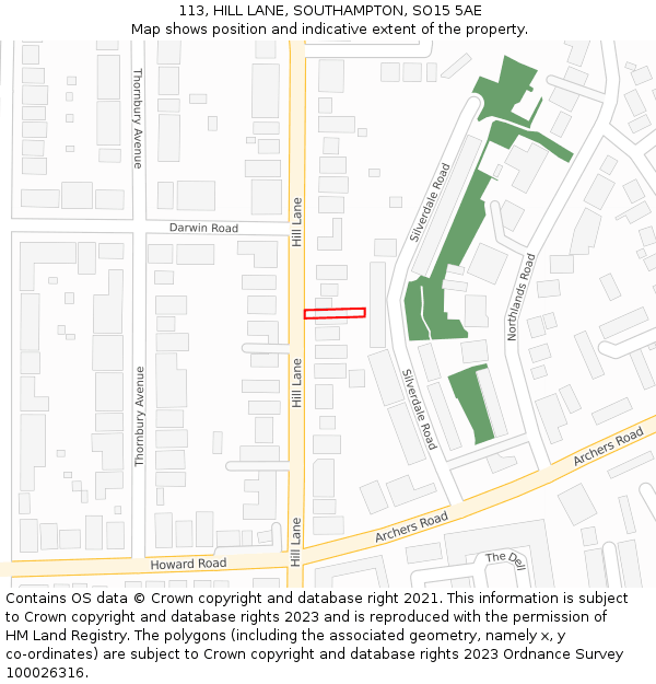 113, HILL LANE, SOUTHAMPTON, SO15 5AE: Location map and indicative extent of plot
