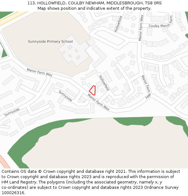 113, HOLLOWFIELD, COULBY NEWHAM, MIDDLESBROUGH, TS8 0RS: Location map and indicative extent of plot