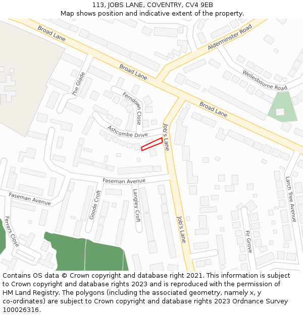 113, JOBS LANE, COVENTRY, CV4 9EB: Location map and indicative extent of plot