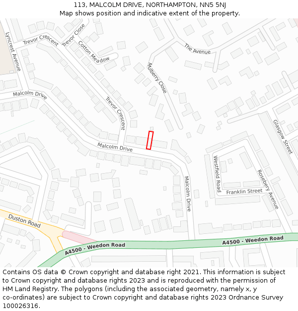 113, MALCOLM DRIVE, NORTHAMPTON, NN5 5NJ: Location map and indicative extent of plot