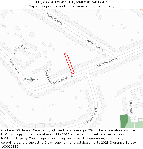 113, OAKLANDS AVENUE, WATFORD, WD19 4TN: Location map and indicative extent of plot