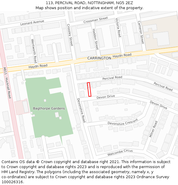 113, PERCIVAL ROAD, NOTTINGHAM, NG5 2EZ: Location map and indicative extent of plot