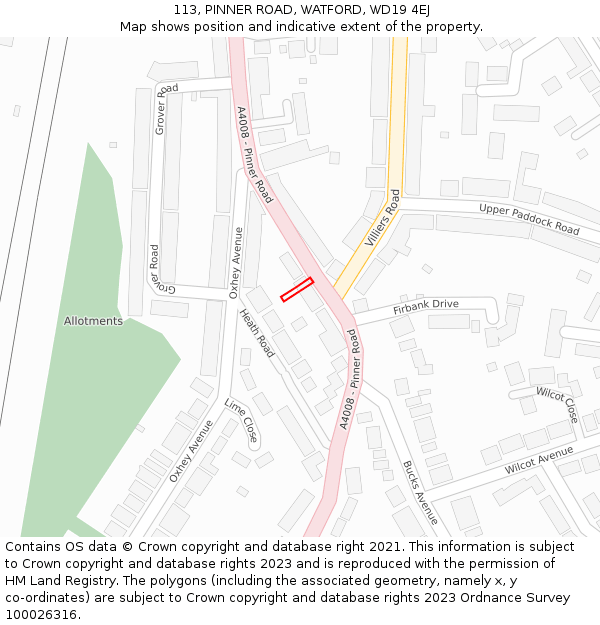 113, PINNER ROAD, WATFORD, WD19 4EJ: Location map and indicative extent of plot
