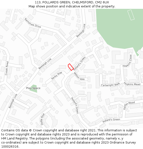113, POLLARDS GREEN, CHELMSFORD, CM2 6UX: Location map and indicative extent of plot