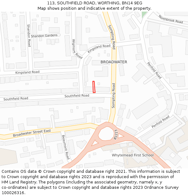113, SOUTHFIELD ROAD, WORTHING, BN14 9EG: Location map and indicative extent of plot