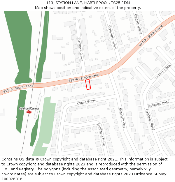 113, STATION LANE, HARTLEPOOL, TS25 1DN: Location map and indicative extent of plot