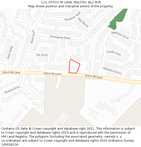 113, STITCH MI LANE, BOLTON, BL2 4HR: Location map and indicative extent of plot