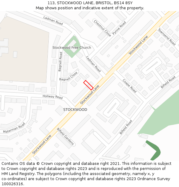 113, STOCKWOOD LANE, BRISTOL, BS14 8SY: Location map and indicative extent of plot