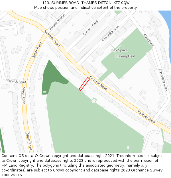 113, SUMMER ROAD, THAMES DITTON, KT7 0QW: Location map and indicative extent of plot