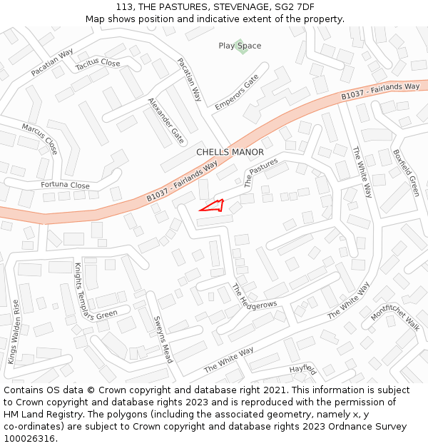113, THE PASTURES, STEVENAGE, SG2 7DF: Location map and indicative extent of plot