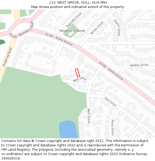 113, WEST GROVE, HULL, HU4 6RH: Location map and indicative extent of plot