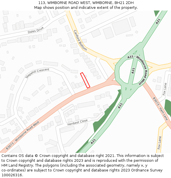 113, WIMBORNE ROAD WEST, WIMBORNE, BH21 2DH: Location map and indicative extent of plot