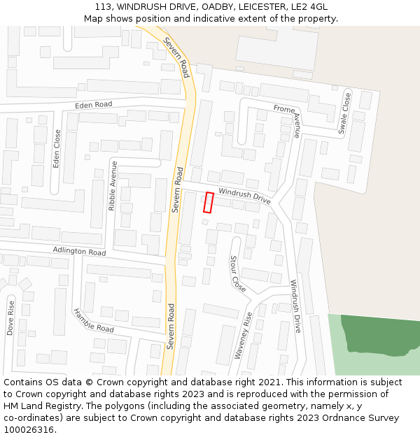 113, WINDRUSH DRIVE, OADBY, LEICESTER, LE2 4GL: Location map and indicative extent of plot
