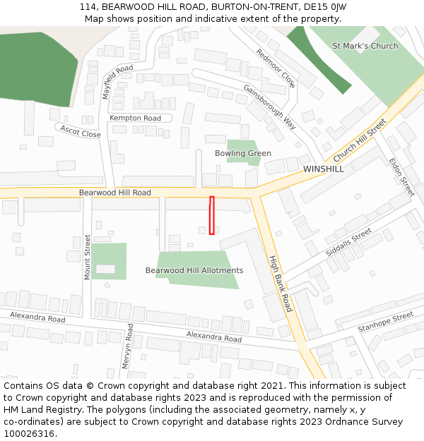 114, BEARWOOD HILL ROAD, BURTON-ON-TRENT, DE15 0JW: Location map and indicative extent of plot