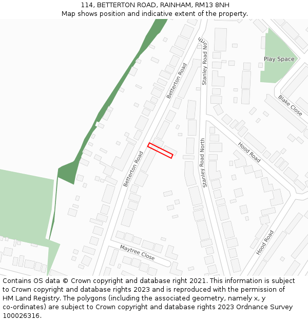 114, BETTERTON ROAD, RAINHAM, RM13 8NH: Location map and indicative extent of plot