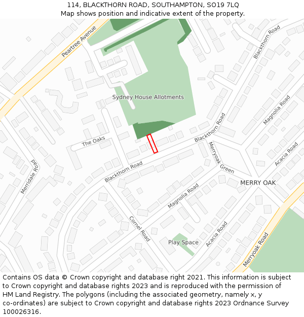 114, BLACKTHORN ROAD, SOUTHAMPTON, SO19 7LQ: Location map and indicative extent of plot