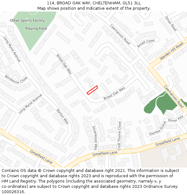 114, BROAD OAK WAY, CHELTENHAM, GL51 3LL: Location map and indicative extent of plot