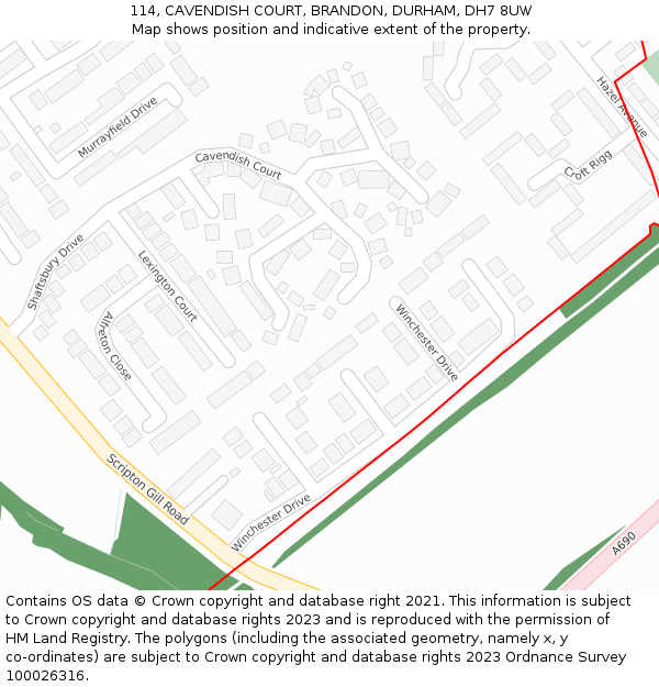 114, CAVENDISH COURT, BRANDON, DURHAM, DH7 8UW: Location map and indicative extent of plot