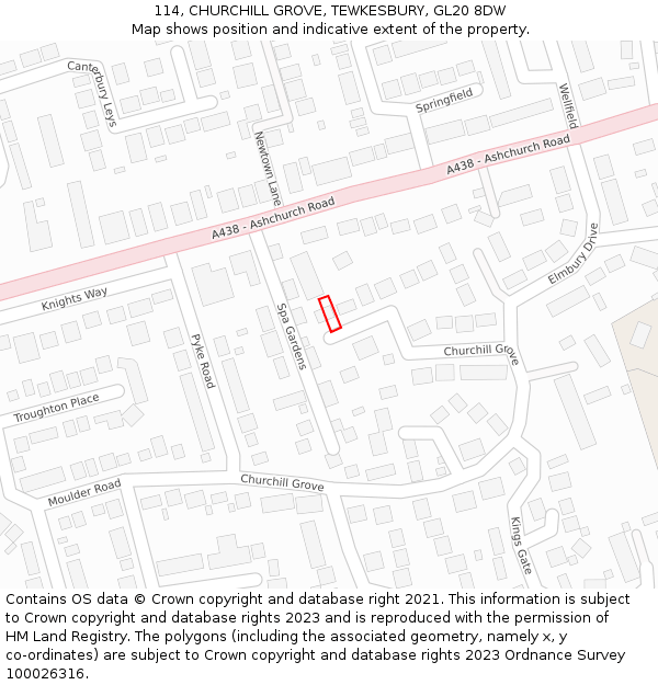 114, CHURCHILL GROVE, TEWKESBURY, GL20 8DW: Location map and indicative extent of plot