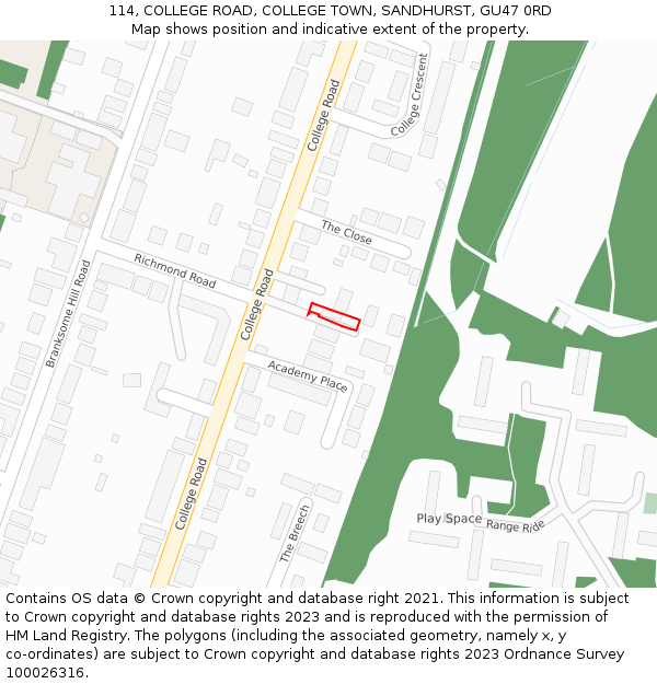 114, COLLEGE ROAD, COLLEGE TOWN, SANDHURST, GU47 0RD: Location map and indicative extent of plot