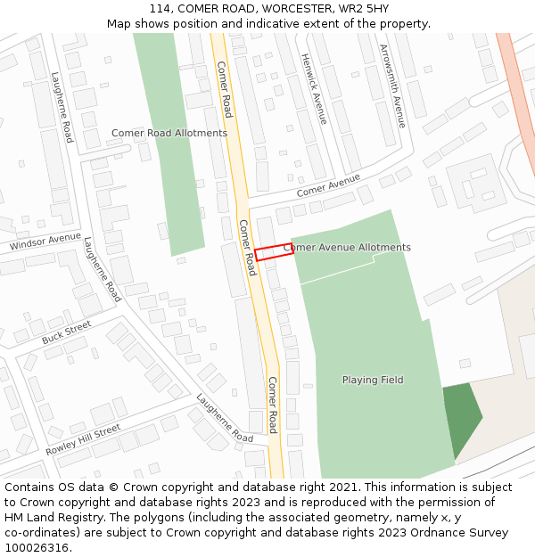114, COMER ROAD, WORCESTER, WR2 5HY: Location map and indicative extent of plot