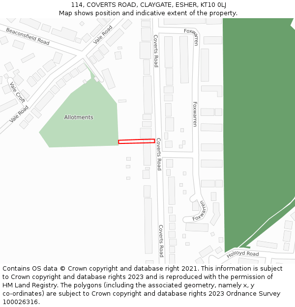 114, COVERTS ROAD, CLAYGATE, ESHER, KT10 0LJ: Location map and indicative extent of plot