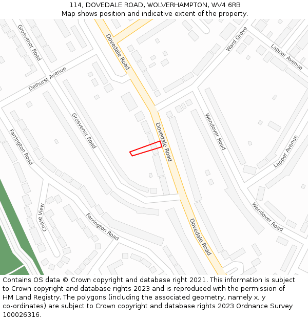 114, DOVEDALE ROAD, WOLVERHAMPTON, WV4 6RB: Location map and indicative extent of plot