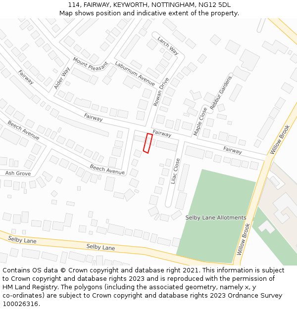 114, FAIRWAY, KEYWORTH, NOTTINGHAM, NG12 5DL: Location map and indicative extent of plot