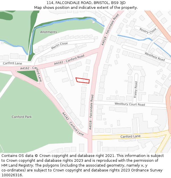 114, FALCONDALE ROAD, BRISTOL, BS9 3JD: Location map and indicative extent of plot