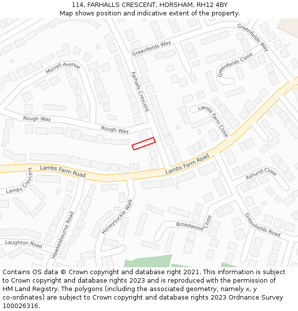 114, FARHALLS CRESCENT, HORSHAM, RH12 4BY: Location map and indicative extent of plot
