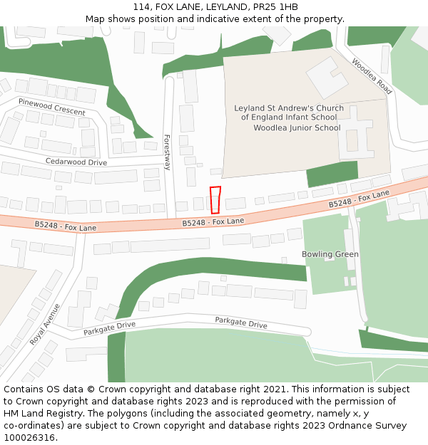114, FOX LANE, LEYLAND, PR25 1HB: Location map and indicative extent of plot