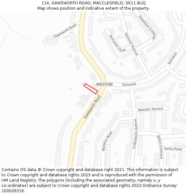 114, GAWSWORTH ROAD, MACCLESFIELD, SK11 8UQ: Location map and indicative extent of plot