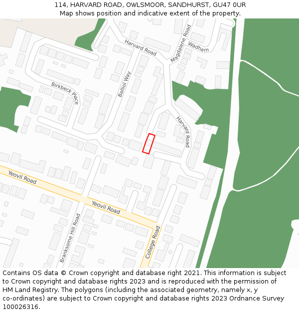 114, HARVARD ROAD, OWLSMOOR, SANDHURST, GU47 0UR: Location map and indicative extent of plot
