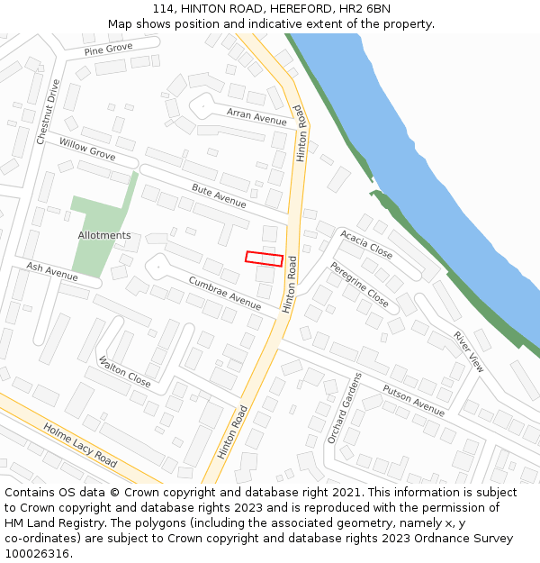 114, HINTON ROAD, HEREFORD, HR2 6BN: Location map and indicative extent of plot