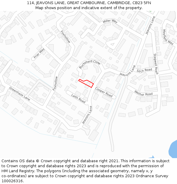 114, JEAVONS LANE, GREAT CAMBOURNE, CAMBRIDGE, CB23 5FN: Location map and indicative extent of plot
