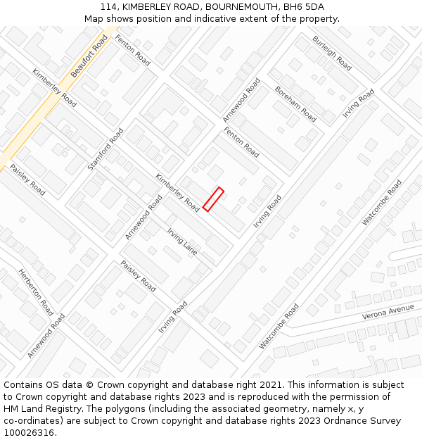 114, KIMBERLEY ROAD, BOURNEMOUTH, BH6 5DA: Location map and indicative extent of plot