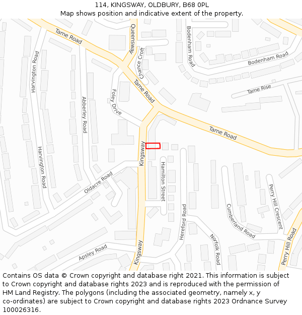 114, KINGSWAY, OLDBURY, B68 0PL: Location map and indicative extent of plot