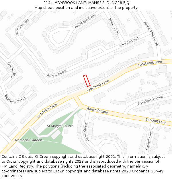 114, LADYBROOK LANE, MANSFIELD, NG18 5JQ: Location map and indicative extent of plot