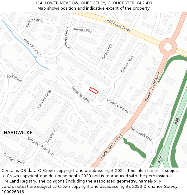 114, LOWER MEADOW, QUEDGELEY, GLOUCESTER, GL2 4XL: Location map and indicative extent of plot