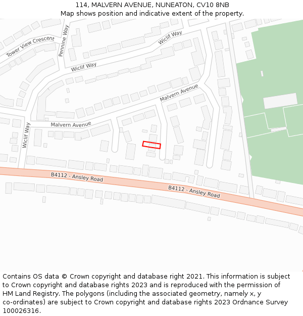 114, MALVERN AVENUE, NUNEATON, CV10 8NB: Location map and indicative extent of plot
