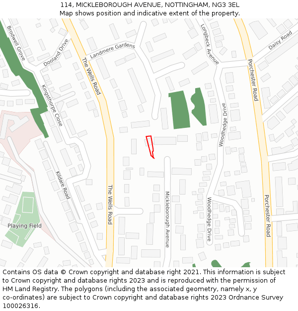 114, MICKLEBOROUGH AVENUE, NOTTINGHAM, NG3 3EL: Location map and indicative extent of plot