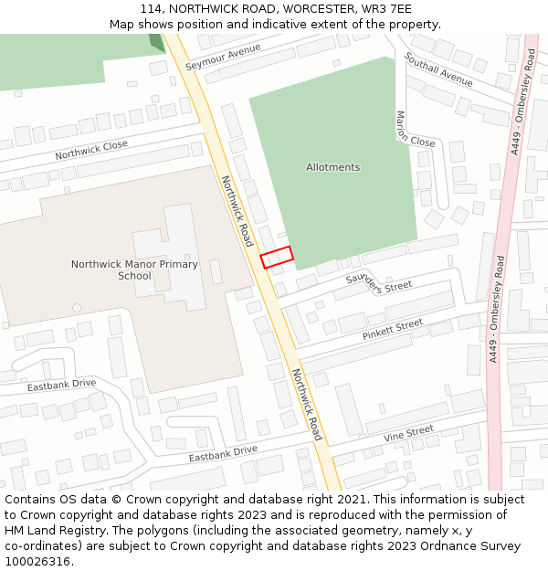 114, NORTHWICK ROAD, WORCESTER, WR3 7EE: Location map and indicative extent of plot