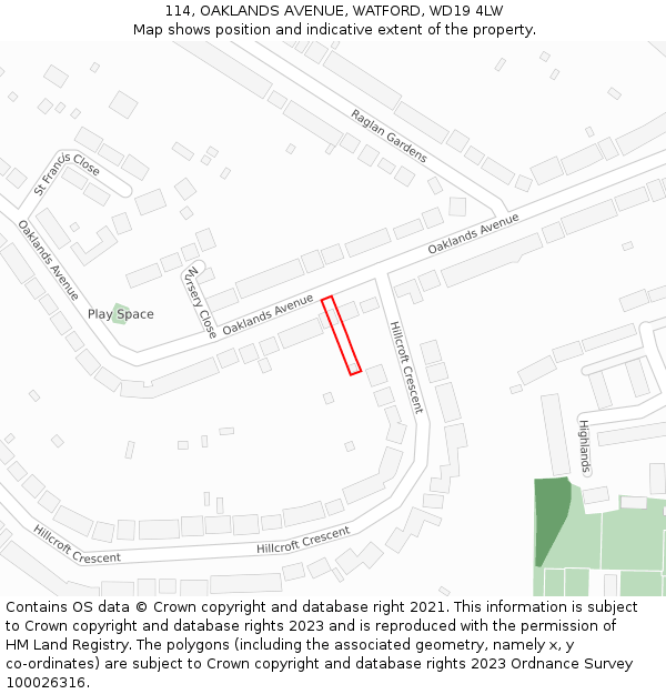 114, OAKLANDS AVENUE, WATFORD, WD19 4LW: Location map and indicative extent of plot