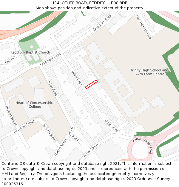 114, OTHER ROAD, REDDITCH, B98 8DR: Location map and indicative extent of plot