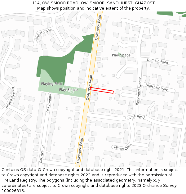 114, OWLSMOOR ROAD, OWLSMOOR, SANDHURST, GU47 0ST: Location map and indicative extent of plot