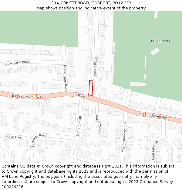 114, PRIVETT ROAD, GOSPORT, PO12 3SY: Location map and indicative extent of plot
