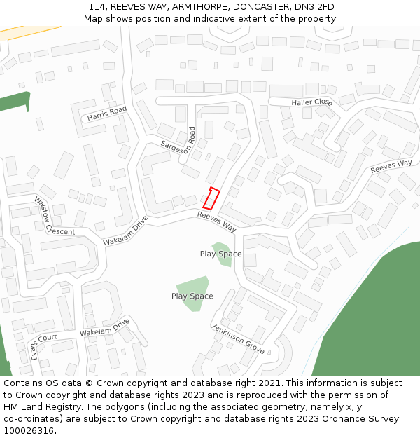 114, REEVES WAY, ARMTHORPE, DONCASTER, DN3 2FD: Location map and indicative extent of plot