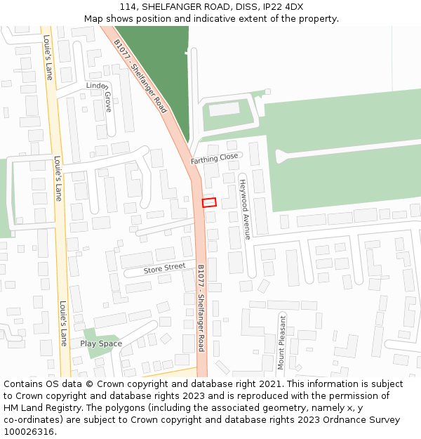 114, SHELFANGER ROAD, DISS, IP22 4DX: Location map and indicative extent of plot