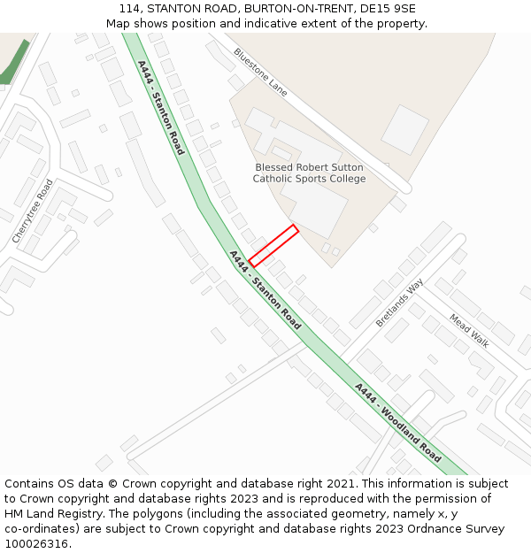 114, STANTON ROAD, BURTON-ON-TRENT, DE15 9SE: Location map and indicative extent of plot